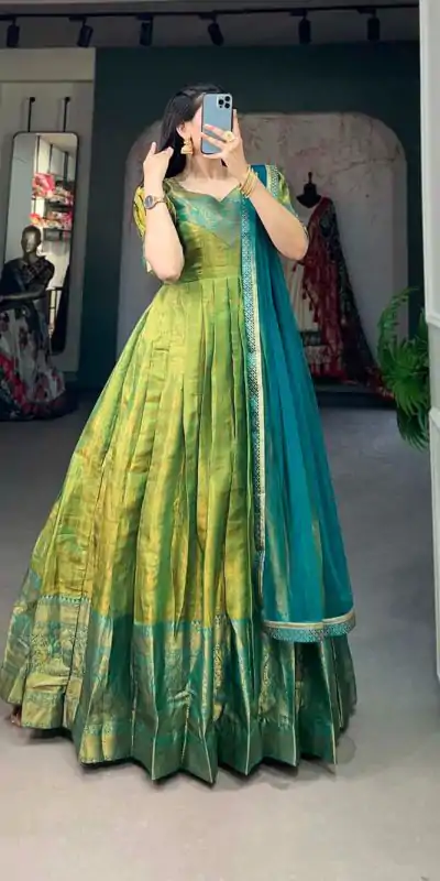 YNF 5307 Parrot Green Color Kanjivaram Zari Weaving Work Gown Casual, Wedding, Festive, Events, Designer Party Wear, Delivery 4-6 Working Days @1849 | Gowns, Bollywood Gowns, Creative Gowns, Designer Gowns, Embroidered Gowns, Party Wear Gowns