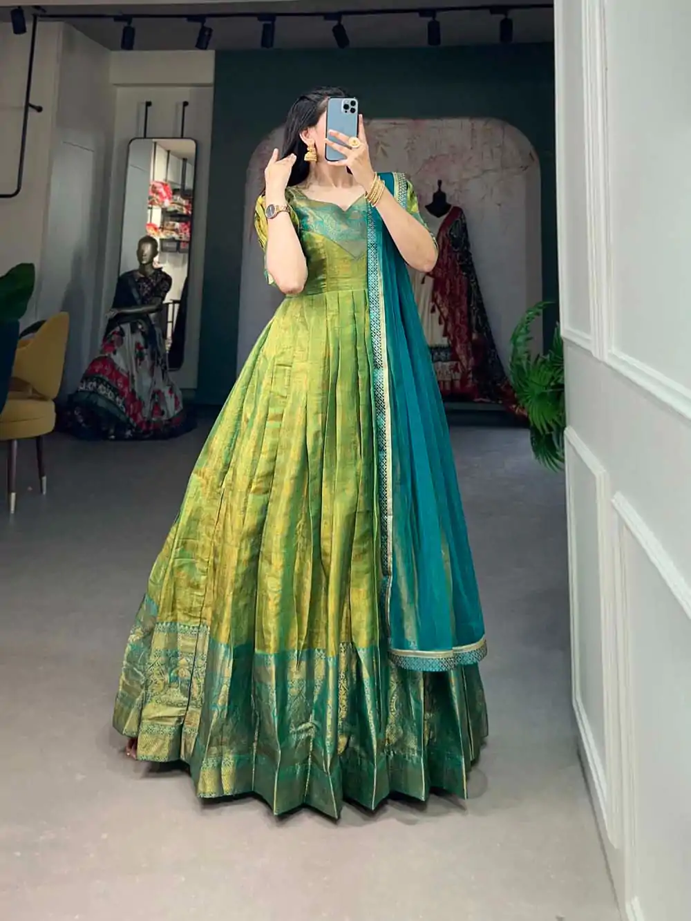YNF 5307 Parrot Green Color Kanjivaram Zari Weaving Work Gown Casual, Wedding, Festive, Events, Designer Party Wear, Delivery 4-6 Working Days @1849 | Gowns, Bollywood Gowns, Creative Gowns, Designer Gowns, Embroidered Gowns, Party Wear Gowns