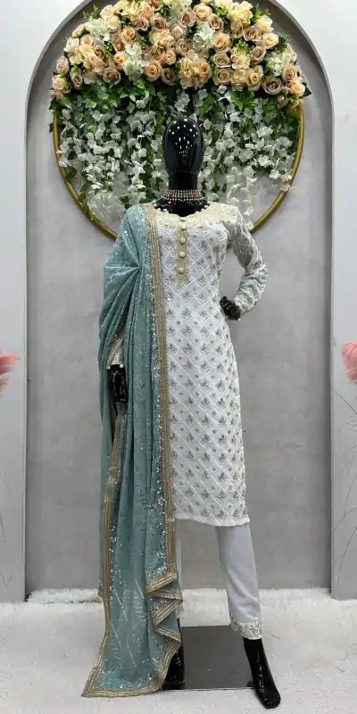 RTC 5699 White & Firozi Color Foix Georgette Thread Sequence Work Salwar Suit Wedding, Party, Festive, Events Etc. Expected Delivery 4-6 Working Days @2499/ | Casual Suits, Jump Suits, Salwar suit, Creative suits, Designer Suits, Palazzo Suits, Party Wear Suits, Patiala Suits, Straight Suits