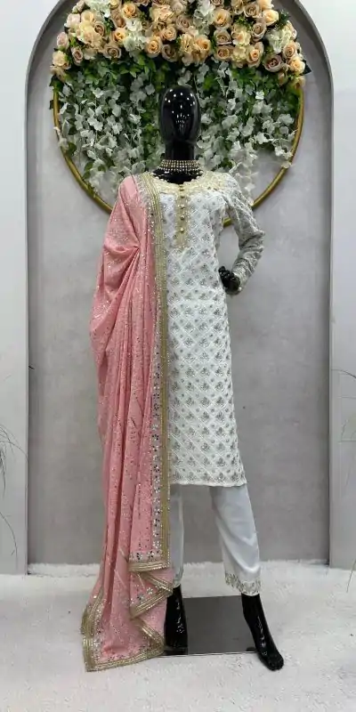RTC 5699 White & Pink Color Foix Georgette Thread Sequence Work Salwar Suit Wedding, Party, Festive, Events Etc. Expected Delivery 4-6 Working Days @2499/ | Casual Suits, Jump Suits, Salwar suit, Creative suits, Designer Suits, Palazzo Suits, Party Wear Suits, Patiala Suits, Straight Suits