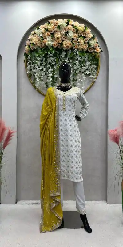 RTC 5699 White & Yellow Color Foix Georgette Thread Sequence Work Salwar Suit Wedding, Party, Festive, Events Etc. Expected Delivery 4-6 Working Days @2499/ | Casual Suits, Jump Suits, Salwar suit, Creative suits, Designer Suits, Palazzo Suits, Party Wear Suits, Patiala Suits, Straight Suits