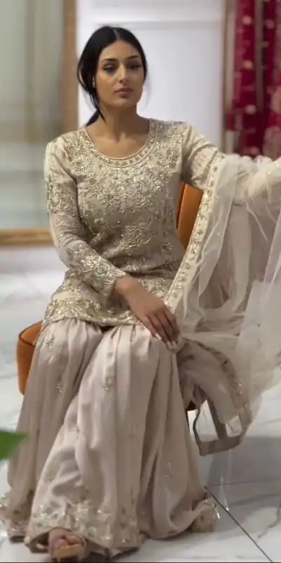 ZSR 3078 Cream Color Georgette Embroidery Sequence Sharara Suit Casual, Wedding, Party, Festive, Events Etc. Expected Delivery 4-6 Working Days @2149/- | Casual Suits, Jump Suits, Salwar suit, Creative suits, Designer Suits, Palazzo Suits, Party Wear Suits, Patiala Suits, Straight Suits