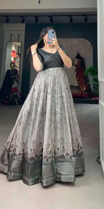 YNF 5021 Grey Color Tussar Silk Printed Weaving Border Gown Casual, Wedding, Festive, Events, Designer Party Wear, Delivery 4-6 Working Days @1749 | Gowns, Bollywood Gowns, Creative Gowns, Designer Gowns, Embroidered Gowns, Party Wear Gowns