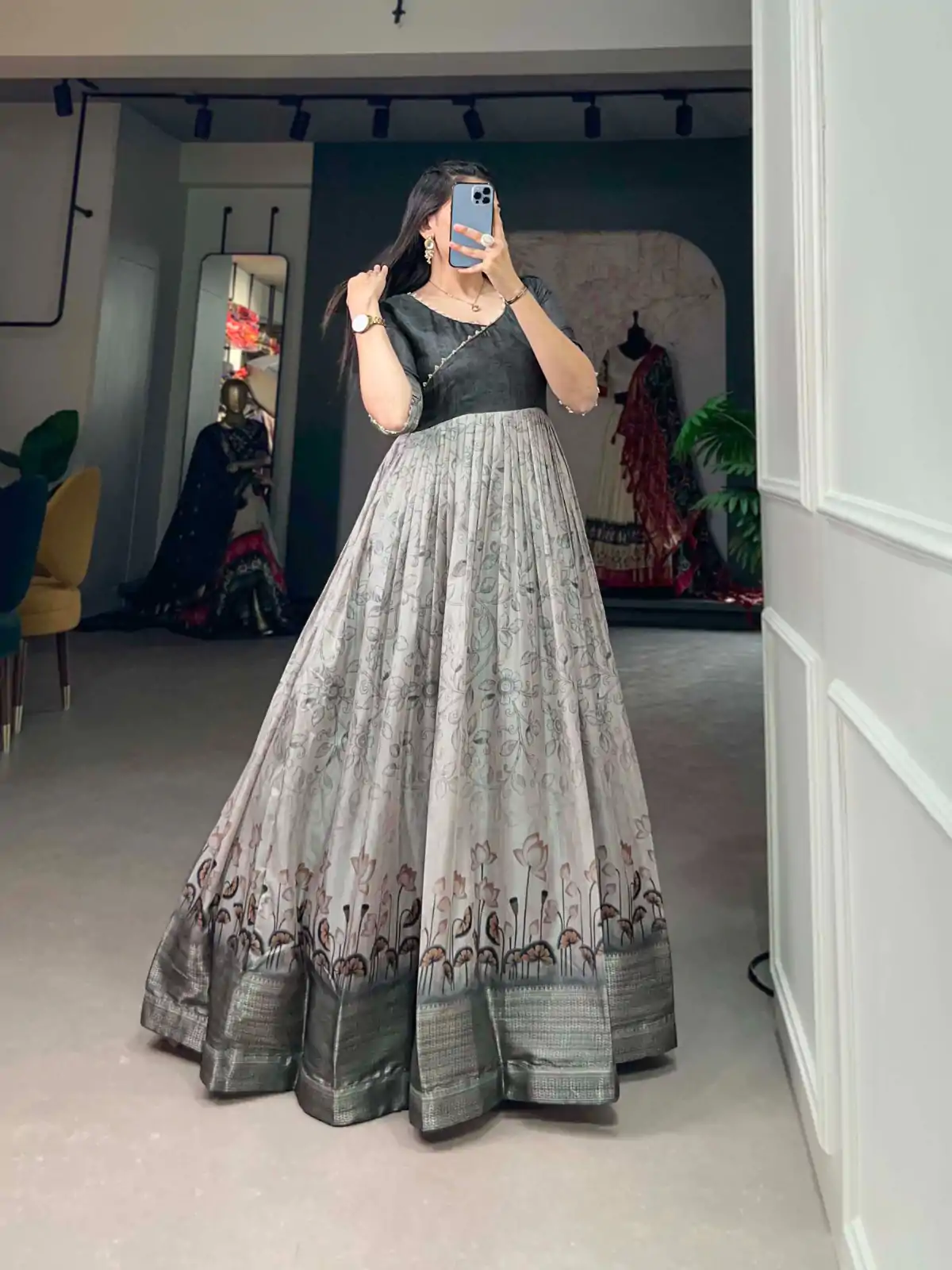 YNF 5021 Grey Color Tussar Silk Printed Weaving Border Gown Casual, Wedding, Festive, Events, Designer Party Wear, Delivery 4-6 Working Days @1749 | Gowns, Bollywood Gowns, Creative Gowns, Designer Gowns, Embroidered Gowns, Party Wear Gowns