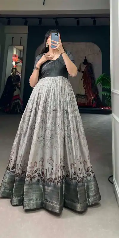 YNF 5021 Grey Color Tussar Silk Printed Weaving Border Gown Casual, Wedding, Festive, Events, Designer Party Wear, Delivery 4-6 Working Days @1749 | Gowns, Bollywood Gowns, Creative Gowns, Designer Gowns, Embroidered Gowns, Party Wear Gowns
