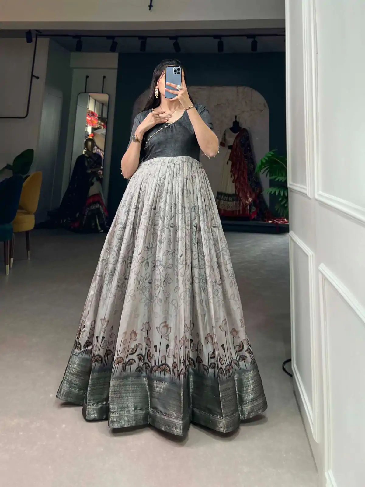 YNF 5021 Grey Color Tussar Silk Printed Weaving Border Gown Casual, Wedding, Festive, Events, Designer Party Wear, Delivery 4-6 Working Days @1749 | Gowns, Bollywood Gowns, Creative Gowns, Designer Gowns, Embroidered Gowns, Party Wear Gowns