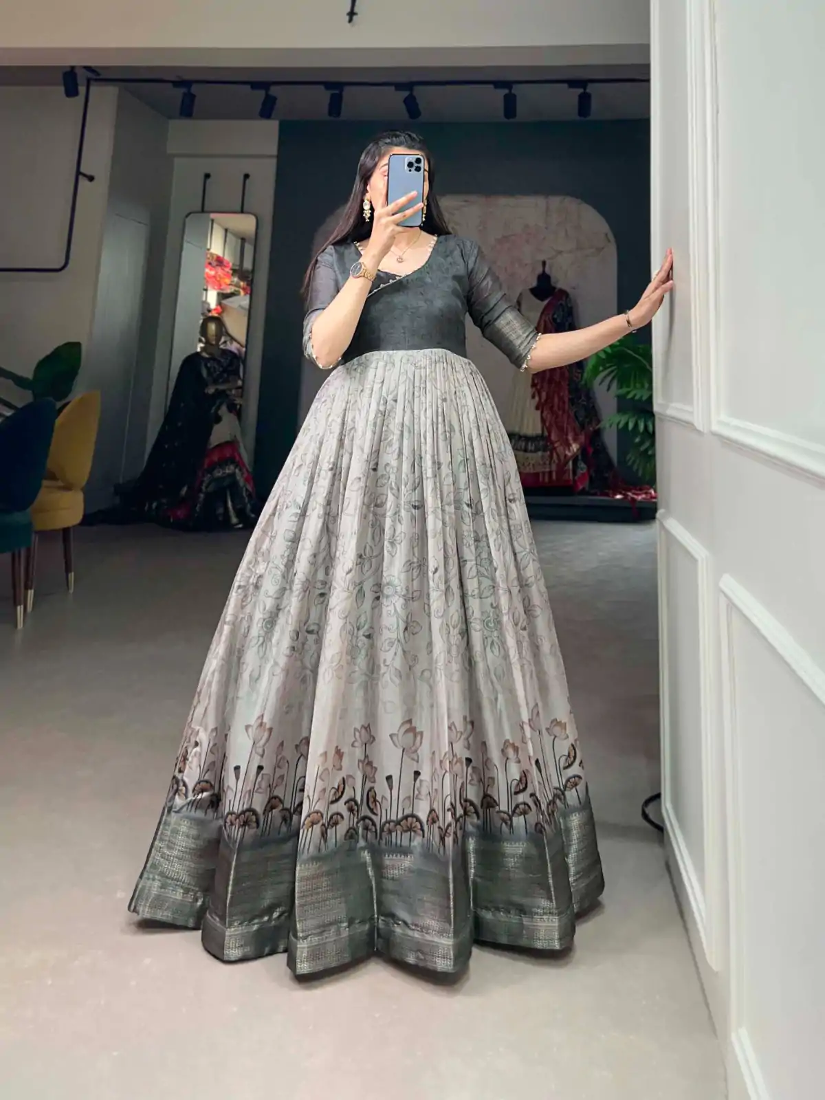 YNF 5021 Grey Color Tussar Silk Printed Weaving Border Gown Casual, Wedding, Festive, Events, Designer Party Wear, Delivery 4-6 Working Days @1749 | Gowns, Bollywood Gowns, Creative Gowns, Designer Gowns, Embroidered Gowns, Party Wear Gowns
