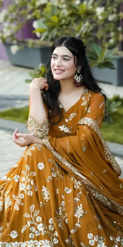 NF 1227 Mustard Color Georgette Embroidery Sequence Salwar Suit Casual, Wedding, Party, Festive, Events . Expected Delivery 4-6 Working Days @2449 | Anarkali Suits, Bollywood Anarkali, Creative-Anarkali, Designer Anarkali, Embroidered Anarkali, Party Wear Anarkali