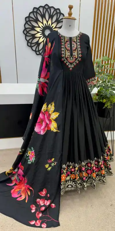 ZF 385 Black Color Chinon Silk Embroidery Sequence Gonw Casual, Wedding, Party, Festive, Events Etc. Expected Delivery 4-6 Working Days @2099/- | Gowns, Bollywood Gowns, Creative Gowns, Designer Gowns, Embroidered Gowns, Party Wear Gowns