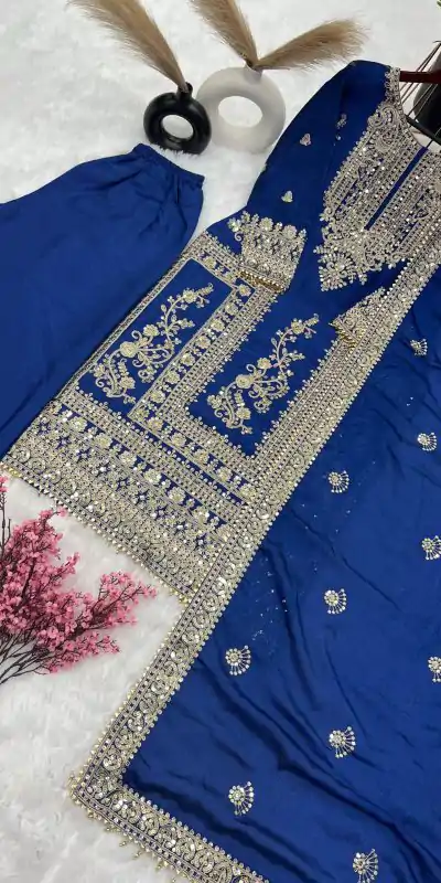 SRK 5146 Blue Color Pure Chinnon Silk Embroidery Coding Dori Salwar Suit Wedding, Party, Festive, Events Expected Delivery 4-6 Working Days @ 2199/- | Casual Suits, Jump Suits, Salwar suit, Creative suits, Designer Suits, Palazzo Suits, Party Wear Suits, Patiala Suits, Straight Suits