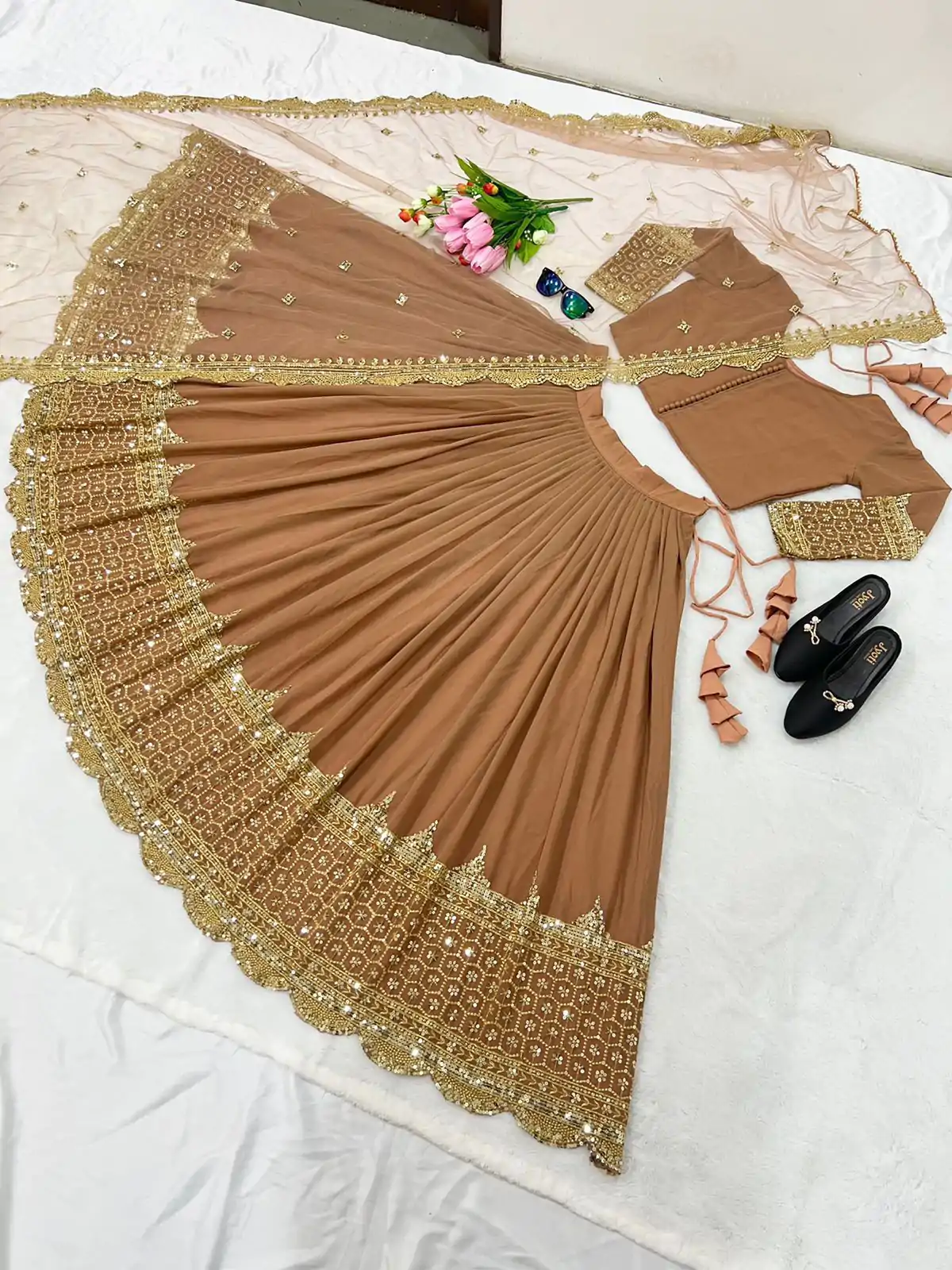 ZF 204 Brown Color Faux Georgette Heavy Embroidery Sequence Work Lehenga Choli Wedding, Party, Events Etc. Expected Delivery 4-6 Working Days 1899/- | Lehenga, Bollywood Lehenga, Creative Lehenga, Designer Lehenga, Embroidered Lehenga, Party Wear Lehenga