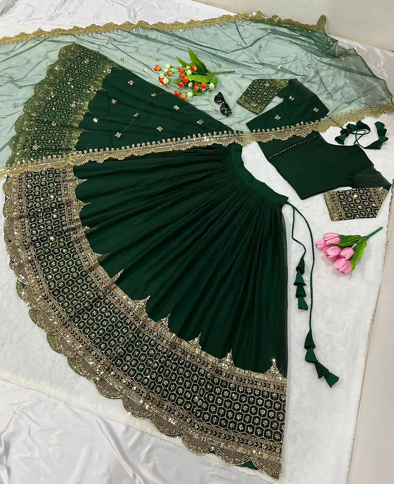 ZF 204 Dark Green Color Faux Georgette Heavy Embroidery Sequence Work Lehenga Choli Wedding, Party, Events Etc. Expected Delivery 4-6 Working Days 1899/- | Lehenga, Bollywood Lehenga, Creative Lehenga, Designer Lehenga, Embroidered Lehenga, Party Wear Lehenga
