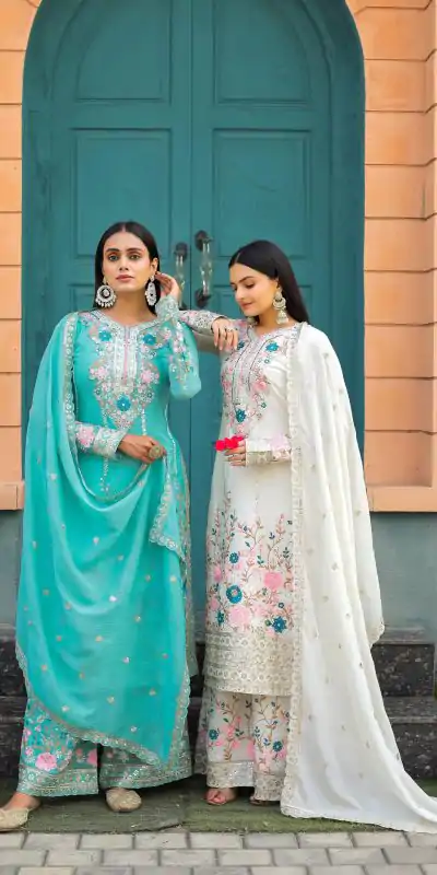 AD 140 Firozi Color Chinon Silk Diamond Work Sharara Suit Casual, Wedding, Party, Festive, Events Etc. Expected Delivery 4-6 Working Days @2599/- | Casual Suits, Jump Suits, Salwar suit, Creative suits, Designer Suits, Palazzo Suits, Party Wear Suits, Patiala Suits, Straight Suits