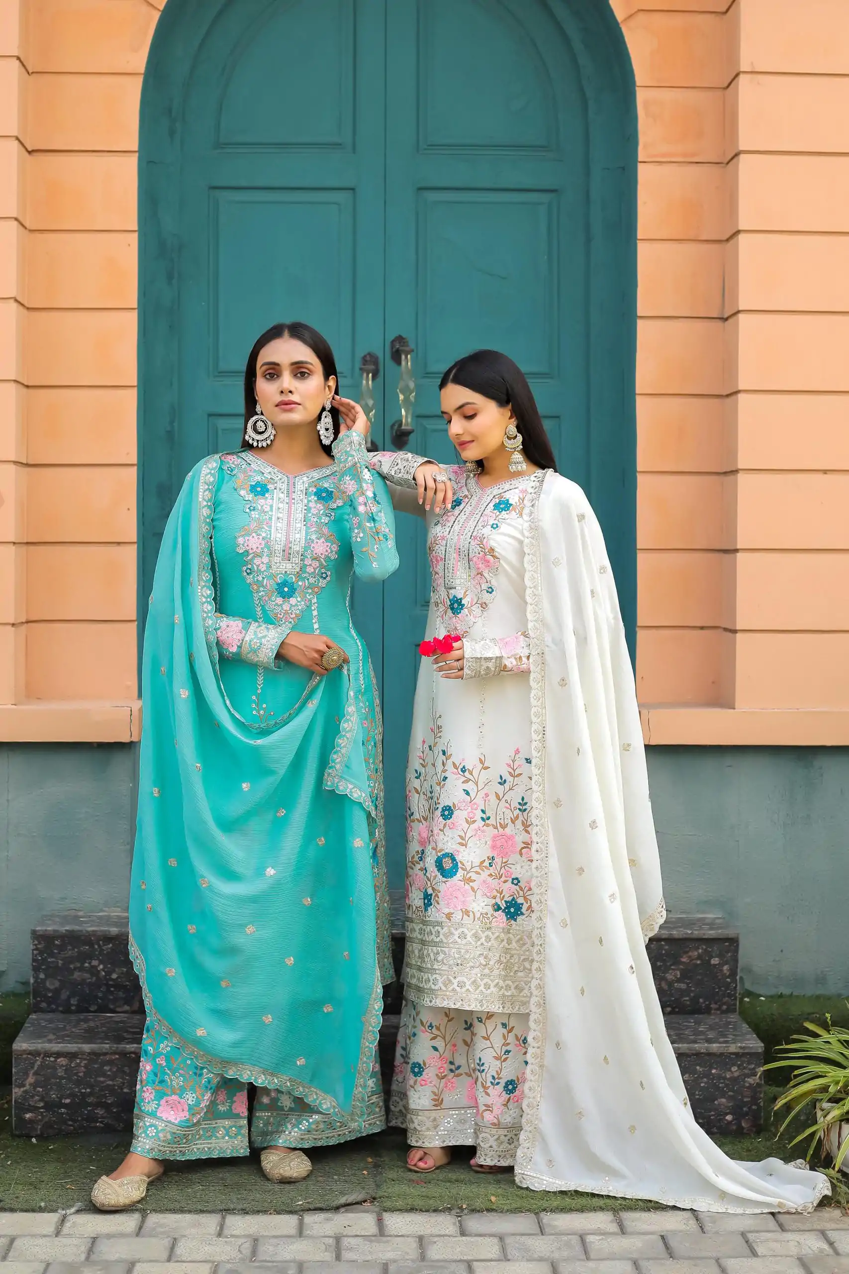 AD 140 Firozi Color Chinon Silk Diamond Work Sharara Suit Casual, Wedding, Party, Festive, Events Etc. Expected Delivery 4-6 Working Days @2599/- | Casual Suits, Jump Suits, Salwar suit, Creative suits, Designer Suits, Palazzo Suits, Party Wear Suits, Patiala Suits, Straight Suits