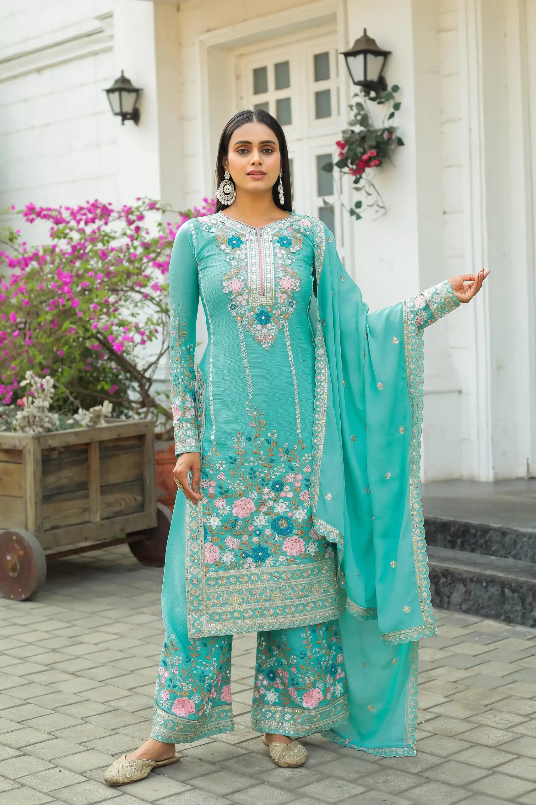 AD 140 Firozi Color Chinon Silk Diamond Work Sharara Suit Casual, Wedding, Party, Festive, Events Etc. Expected Delivery 4-6 Working Days @2599/- | Casual Suits, Jump Suits, Salwar suit, Creative suits, Designer Suits, Palazzo Suits, Party Wear Suits, Patiala Suits, Straight Suits