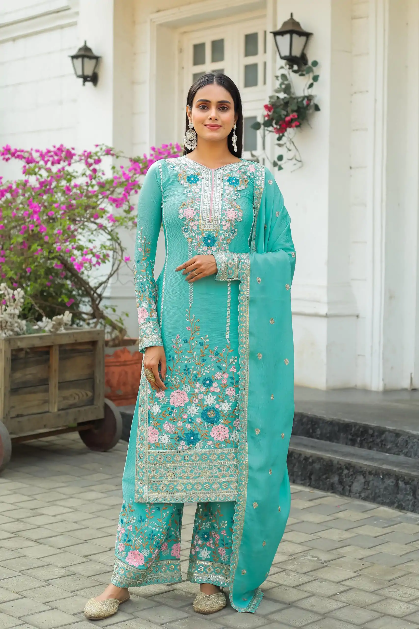 AD 140 Firozi Color Chinon Silk Diamond Work Sharara Suit Casual, Wedding, Party, Festive, Events Etc. Expected Delivery 4-6 Working Days @2599/- | Casual Suits, Jump Suits, Salwar suit, Creative suits, Designer Suits, Palazzo Suits, Party Wear Suits, Patiala Suits, Straight Suits