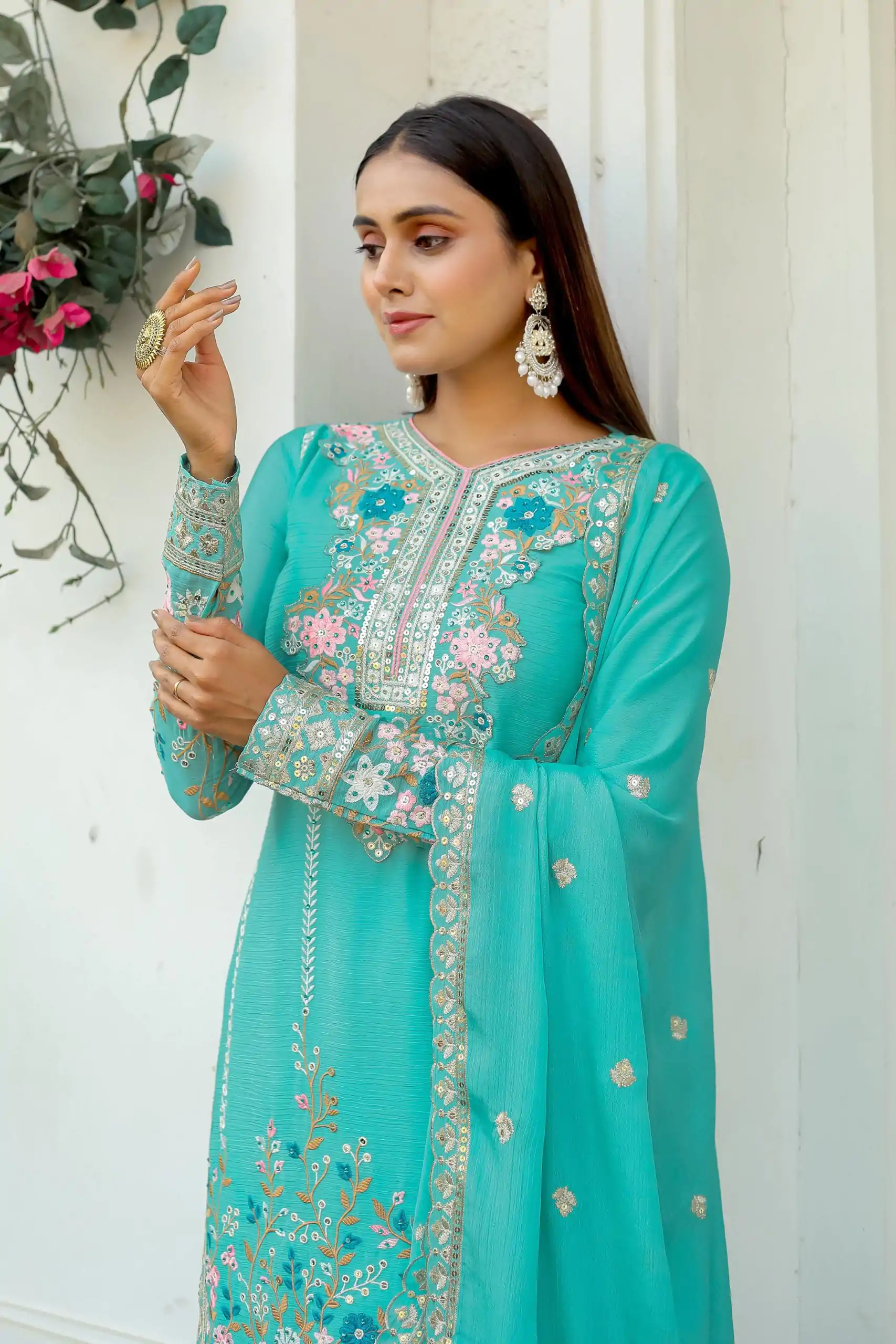 AD 140 Firozi Color Chinon Silk Diamond Work Sharara Suit Casual, Wedding, Party, Festive, Events Etc. Expected Delivery 4-6 Working Days @2599/- | Casual Suits, Jump Suits, Salwar suit, Creative suits, Designer Suits, Palazzo Suits, Party Wear Suits, Patiala Suits, Straight Suits