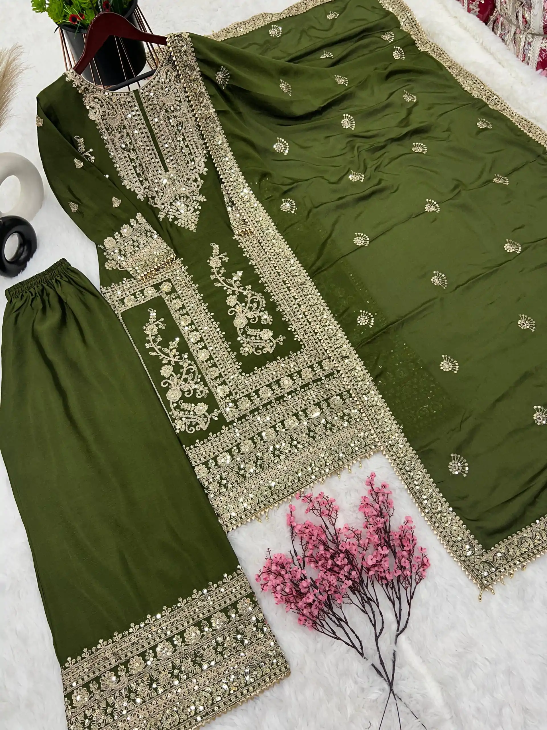 SRK 5146 Mehndi Color Pure Chinnon Silk Embroidery Coding Dori Salwar Suit Wedding, Party, Festive, Events Expected Delivery 4-6 Working Days @ 2199/- | Casual Suits, Jump Suits, Salwar suit, Creative suits, Designer Suits, Palazzo Suits, Party Wear Suits, Patiala Suits, Straight Suits