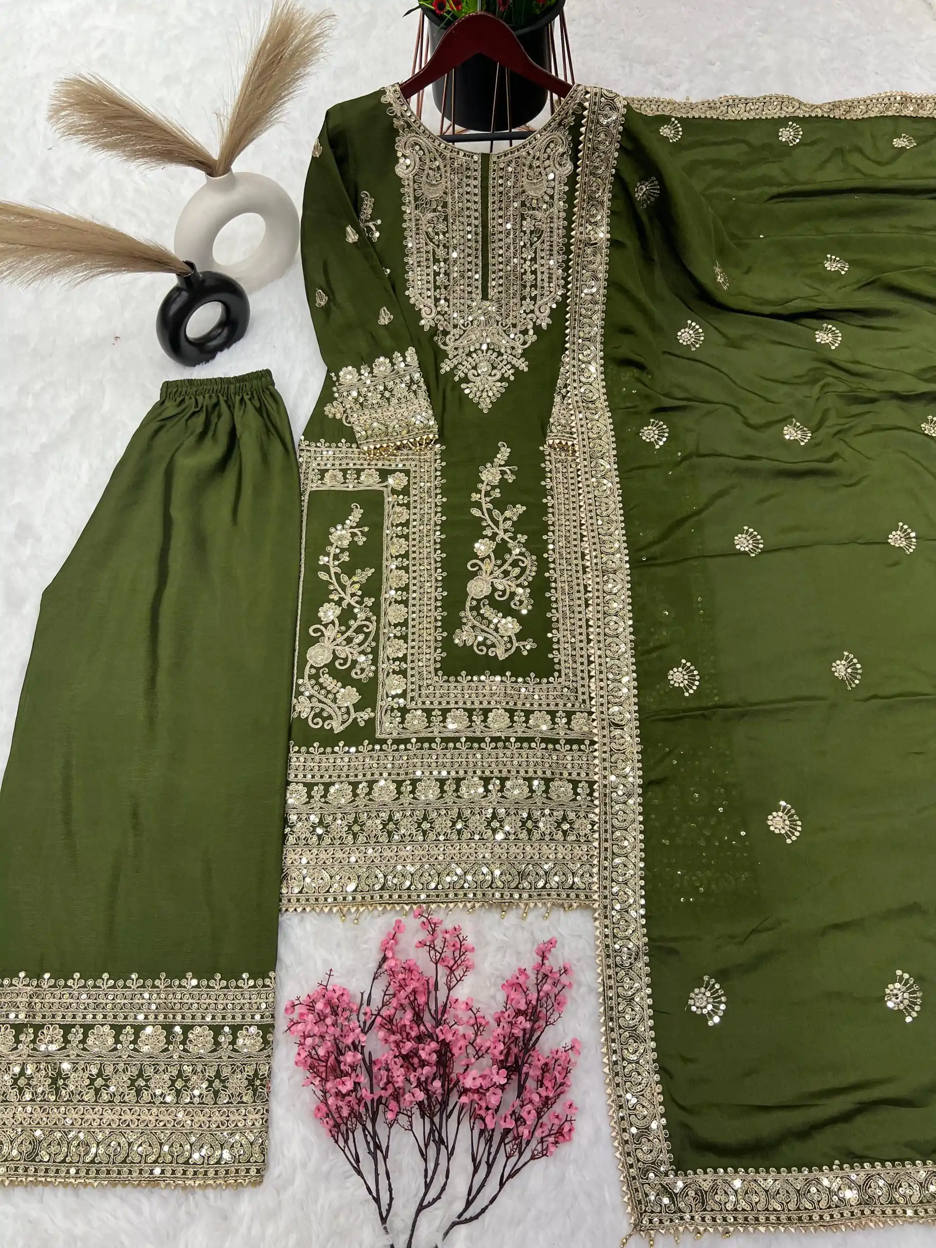 SRK 5146 Mehndi Color Pure Chinnon Silk Embroidery Coding Dori Salwar Suit Wedding, Party, Festive, Events Expected Delivery 4-6 Working Days @ 2199/- | Casual Suits, Jump Suits, Salwar suit, Creative suits, Designer Suits, Palazzo Suits, Party Wear Suits, Patiala Suits, Straight Suits