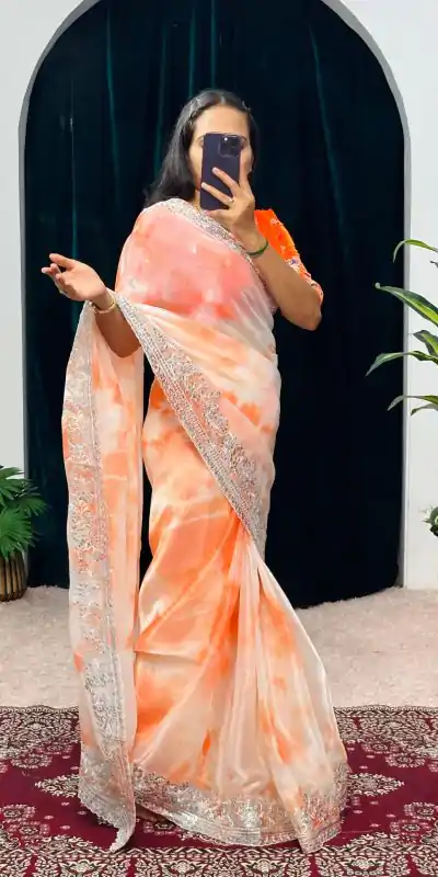ST 480 Orange Color Burberry Blooming Embroidery Zari Saree Casual, Wedding, Party, Festive, Events Etc. Expected Delivery 4-6 Working Days @2449/- | Designer Sarees, Embroidered Sarees, Sarees, Bollywood Sarees, Creative Sarees, Ethnic Saree, Modern Digital sarees, Party Wear Sarees
