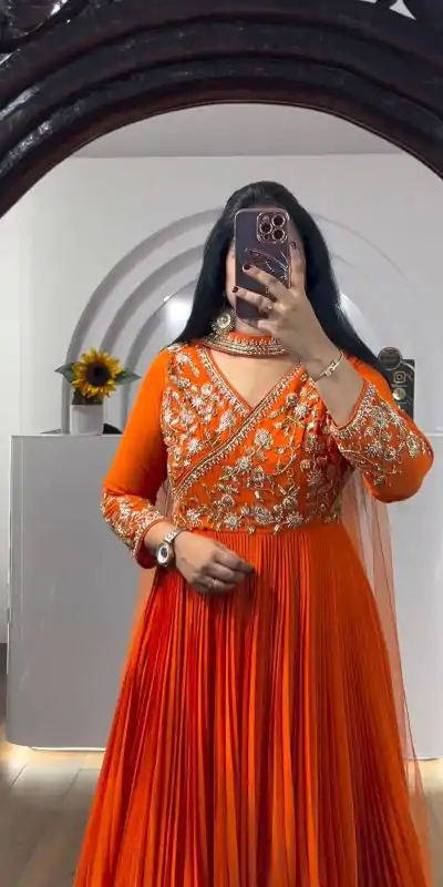 PC 421 Orange Color Fox Georgette Embroidery Sequence Gown Casual, Party Wear, Events, Festivals Wear Expected Delivery 4-6 Working Days @1629/- | Gowns, Bollywood Gowns, Creative Gowns, Designer Gowns, Embroidered Gowns, Party Wear Gowns