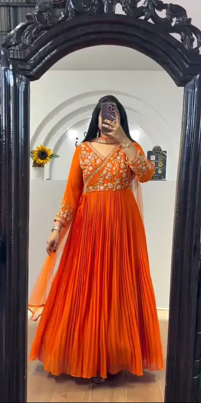 PC 421 Orange Color Fox Georgette Embroidery Sequence Gown Casual, Party Wear, Events, Festivals Wear Expected Delivery 4-6 Working Days @1629/- | Gowns, Bollywood Gowns, Creative Gowns, Designer Gowns, Embroidered Gowns, Party Wear Gowns