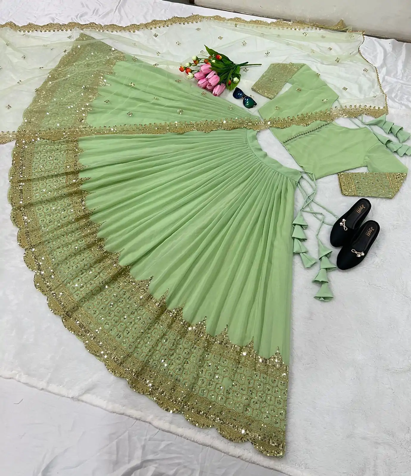 ZF 204 Pista Color Faux Georgette Heavy Embroidery Sequence Work Lehenga Choli Wedding, Party, Events Etc. Expected Delivery 4-6 Working Days 1899/- | Lehenga, Bollywood Lehenga, Creative Lehenga, Designer Lehenga, Embroidered Lehenga, Party Wear Lehenga