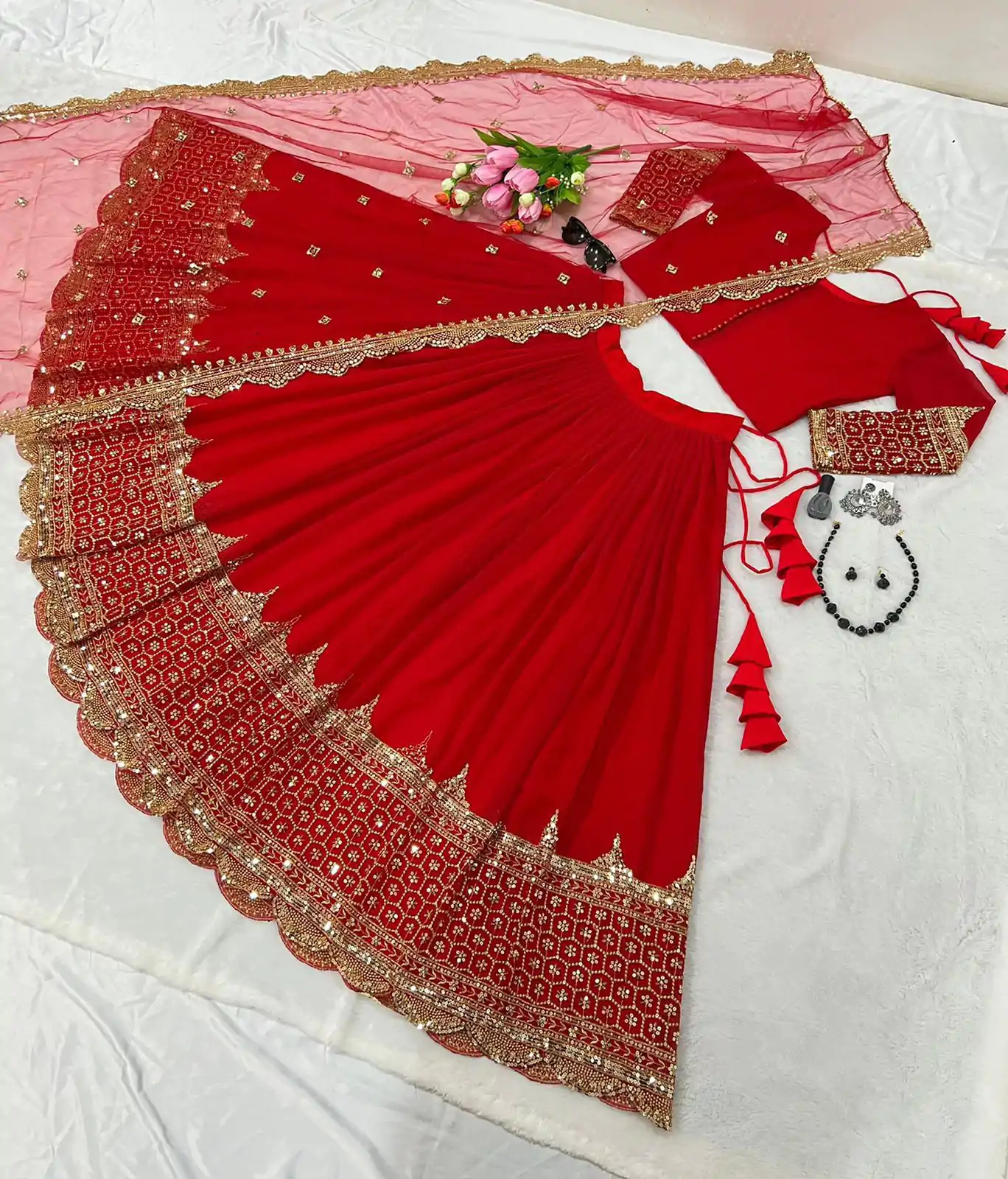 ZF 204 Red Color Faux Georgette Heavy Embroidery Sequence Work Lehenga Choli Wedding, Party, Events Etc. Expected Delivery 4-6 Working Days 1899/- | Lehenga, Bollywood Lehenga, Creative Lehenga, Designer Lehenga, Embroidered Lehenga, Party Wear Lehenga