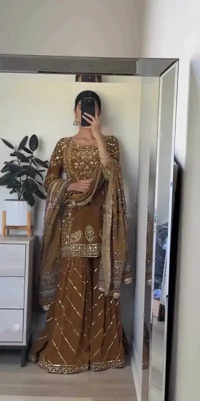 SRK 5189 Brown Color Chinnon Silk Embroidery Sequence Salwar Suit Wedding, Party, Festive, Events Expected Delivery 4-6 Working Days @ 2099/- | Casual Suits, Jump Suits, Salwar suit, Creative suits, Designer Suits, Palazzo Suits, Party Wear Suits, Patiala Suits, Straight Suits