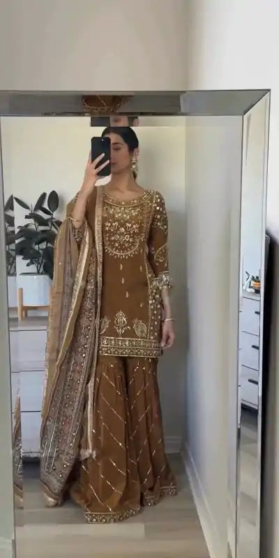 SRK 5189 Brown Color Chinnon Silk Embroidery Sequence Salwar Suit Wedding, Party, Festive, Events Expected Delivery 4-6 Working Days @ 2099/- | Casual Suits, Jump Suits, Salwar suit, Creative suits, Designer Suits, Palazzo Suits, Party Wear Suits, Patiala Suits, Straight Suits