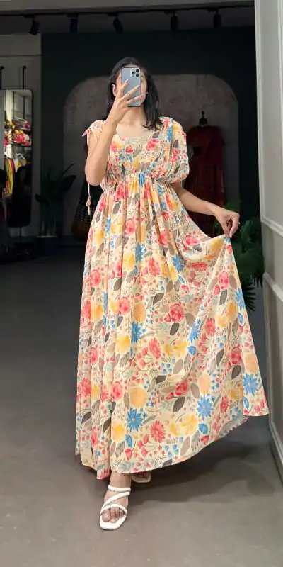 YNF 5015 Mustard Color Georgette Floral printed Gown Casual, Wedding, Festive, Events, Designer Party Wear, Delivery 4-6 Working Days @1649 | Gowns, Bollywood Gowns, Creative Gowns, Designer Gowns, Embroidered Gowns, Party Wear Gowns