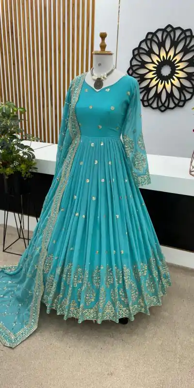 ZF 359 Blue Color Georgette Embroidery Sequence Work Gown Casual, Wedding, Party, Festive, Events Etc. Expected Delivery 4-6 Working Days @1999/- | Gowns, Bollywood Gowns, Creative Gowns, Designer Gowns, Embroidered Gowns, Party Wear Gowns