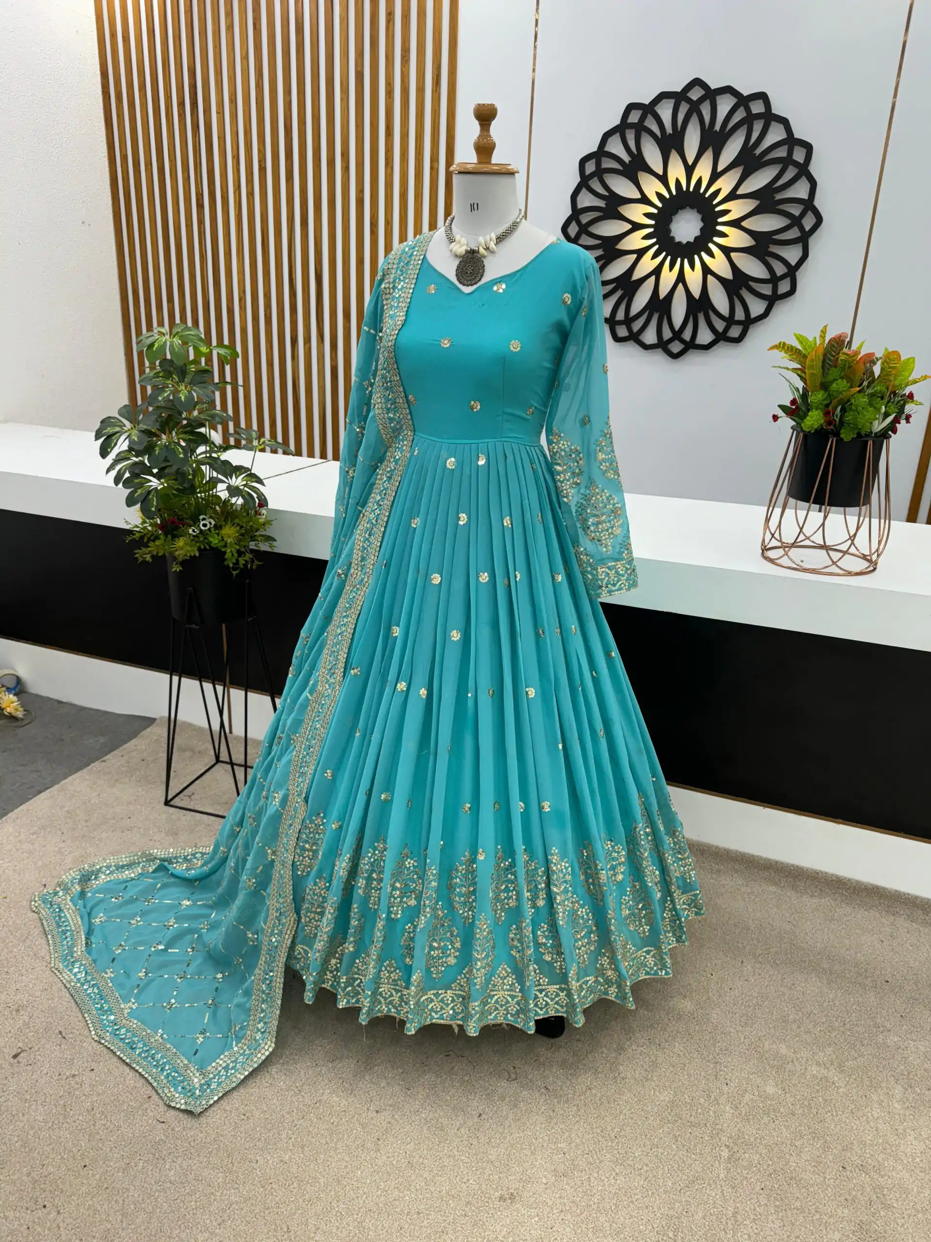 ZF 359 Blue Color Georgette Embroidery Sequence Work Gown Casual, Wedding, Party, Festive, Events Etc. Expected Delivery 4-6 Working Days @1999/- | Gowns, Bollywood Gowns, Creative Gowns, Designer Gowns, Embroidered Gowns, Party Wear Gowns