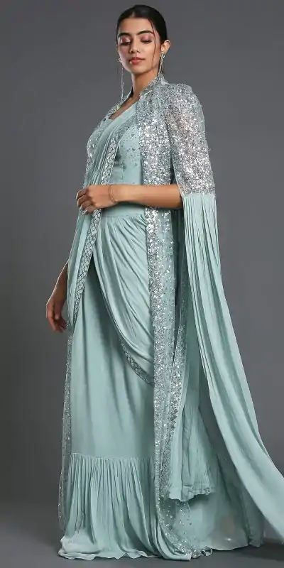 KT 310 Cement Color Georgette Sequence Beautiful Frill Saree Casual, Party Wear, Wedding Expected Delivery 4-6 Working Days@2179/- | Designer Sarees, Embroidered Sarees, Sarees, Bollywood Sarees, Creative Sarees, Party Wear Sarees