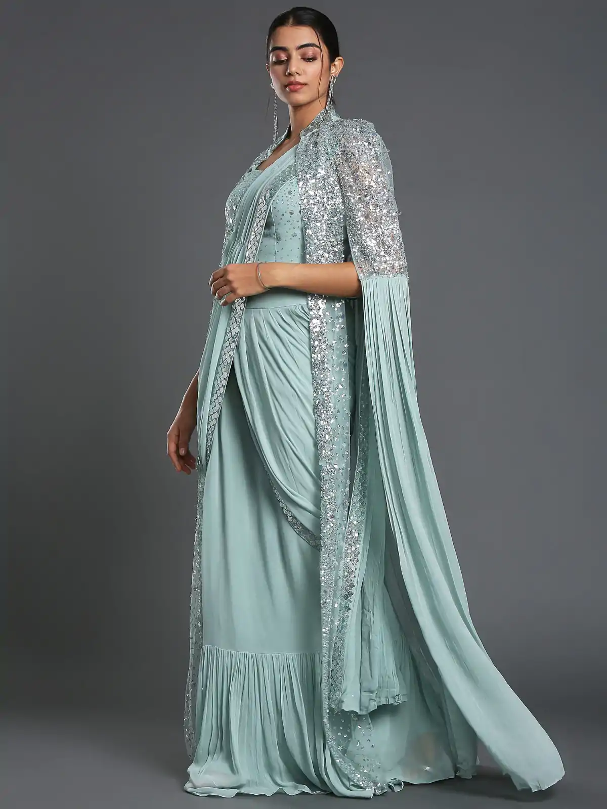 KT 310 Cement Color Georgette Sequence Beautiful Frill Saree Casual, Party Wear, Wedding Expected Delivery 4-6 Working Days@2179/- | Designer Sarees, Embroidered Sarees, Sarees, Bollywood Sarees, Creative Sarees, Party Wear Sarees