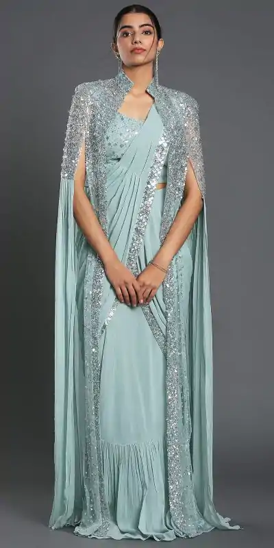 KT 310 Cement Color Georgette Sequence Beautiful Frill Saree Casual, Party Wear, Wedding Expected Delivery 4-6 Working Days@2179/- | Designer Sarees, Embroidered Sarees, Sarees, Bollywood Sarees, Creative Sarees, Party Wear Sarees