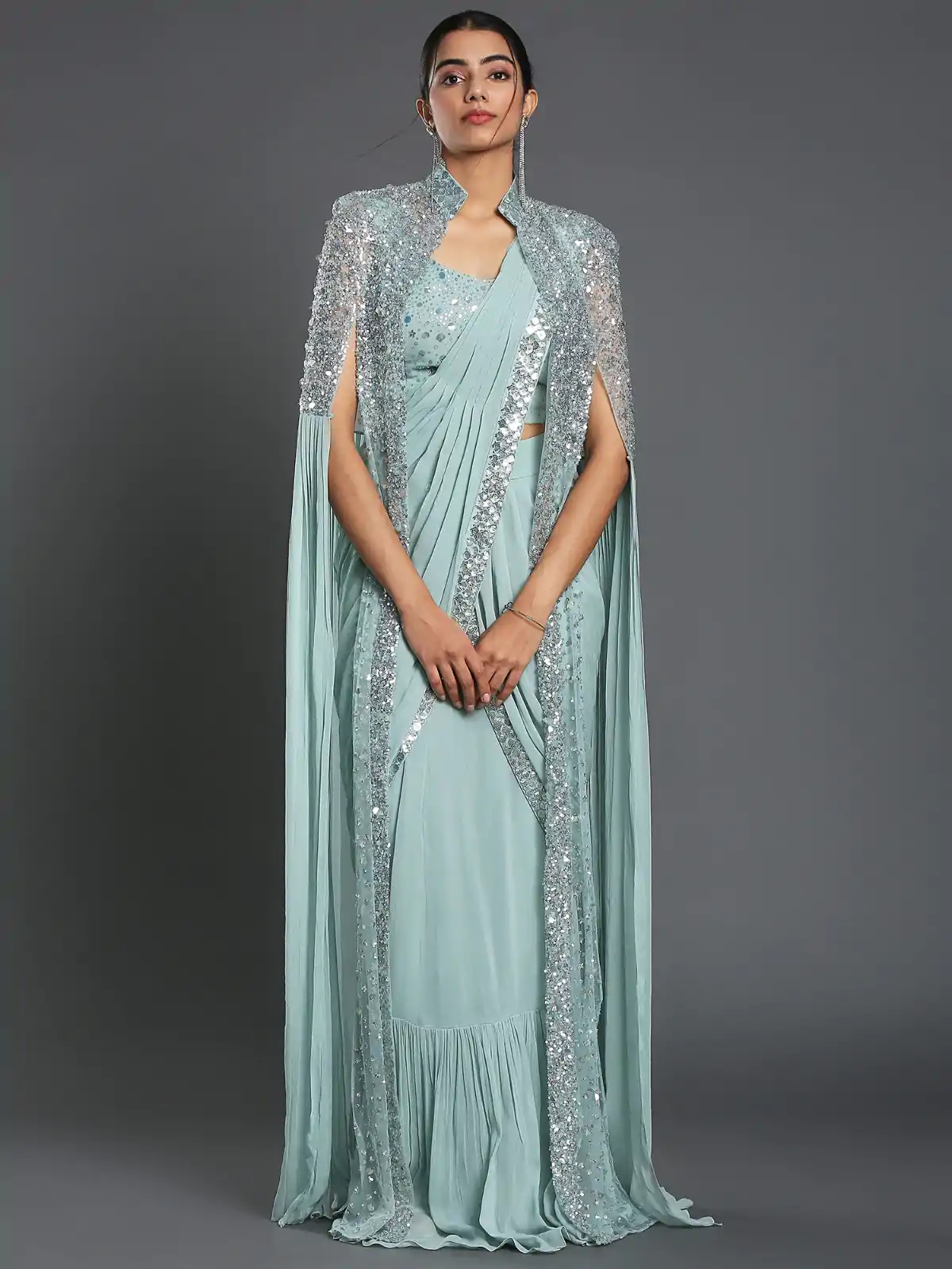 KT 310 Cement Color Georgette Sequence Beautiful Frill Saree Casual, Party Wear, Wedding Expected Delivery 4-6 Working Days@2179/- | Designer Sarees, Embroidered Sarees, Sarees, Bollywood Sarees, Creative Sarees, Party Wear Sarees