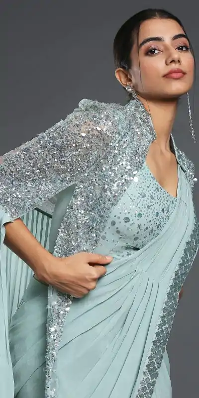 KT 310 Cement Color Georgette Sequence Beautiful Frill Saree Casual, Party Wear, Wedding   Expected Delivery 4-6 Working Days@2179/- | Designer Sarees, Embroidered Sarees, Sarees, Bollywood Sarees, Creative Sarees, Party Wear Sarees