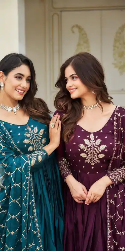 Ram 022 Purple Color Rangoli Sequence Embroidery Gown Casual, Wedding, Festive, Events Expected Delivery 4-6 Working Days @2099/- | Gowns, Bollywood Gowns, Creative Gowns, Designer Gowns, Embroidered Gowns, Party Wear Gowns