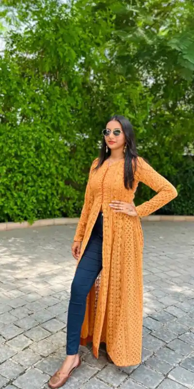 RTC 5611 Mustard Color Foux Georgette Chikankari Petal Button Kurti Casual, Wedding, Party, Festive, Events. Expected Delivery 4-6 Working Days @1949/- | Kurti, Bollywood Kurti, Creative Kurtis, Designer Kurti, Party Wear Kurti, Selfie Kurti