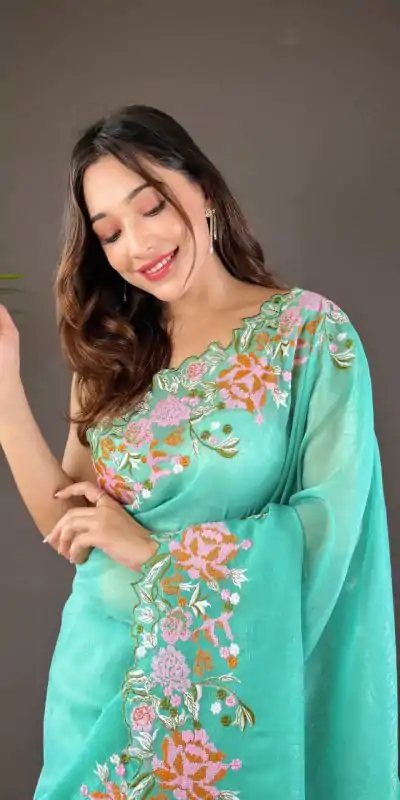 BT 3117 Firozi Color Soft Glossy Silk Embroidery Saree Casual, Party Wear, Traditional Wear, Wedding Wear, Events Etc.@1999/- | Designer Sarees, Sarees, Bollywood Sarees, Creative Sarees, Ethnic Saree, Modern Digital sarees, Party Wear Sarees