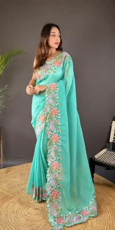 BT 3117 Firozi Color Soft Glossy Silk Embroidery Saree Casual, Party Wear, Traditional Wear, Wedding Wear, Events Etc.@1999/- | Designer Sarees, Sarees, Bollywood Sarees, Creative Sarees, Ethnic Saree, Modern Digital sarees, Party Wear Sarees