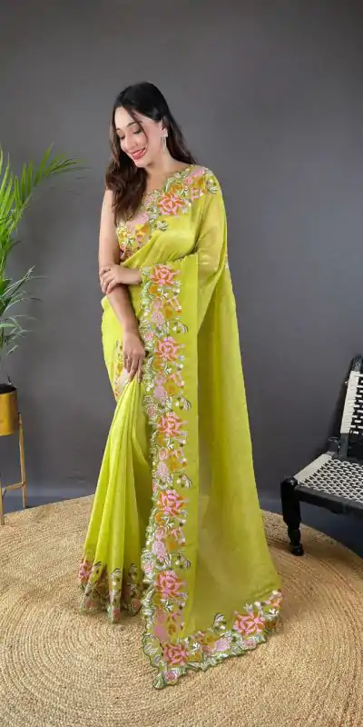 BT 3117 Parrot Green Color Soft Glossy Silk Embroidery Saree Casual, Party Wear, Traditional Wear, Wedding Wear, Events Etc.@1999/- | Designer Sarees, Sarees, Bollywood Sarees, Creative Sarees, Ethnic Saree, Modern Digital sarees, Party Wear Sarees