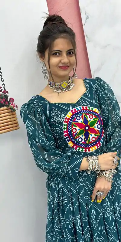 PC N02 Green Color Bandhani Printed Gamathi Mirror Work Gown Casual, Party Wear, Events, Festivals Wear Expected Delivery 4-6 Working Days @1929/- | Gowns, Bollywood Gowns, Creative Gowns, Designer Gowns, Embroidered Gowns, Party Wear Gowns
