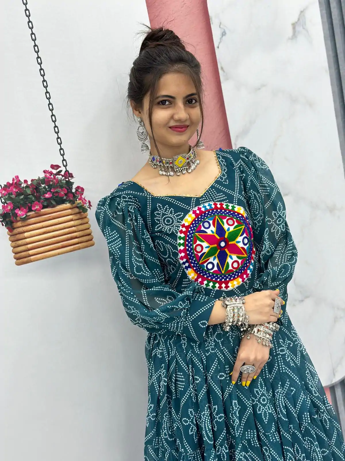 PC N02 Green Color Bandhani Printed Gamathi Mirror Work Gown Casual, Party Wear, Events, Festivals Wear Expected Delivery 4-6 Working Days @1929/- | Gowns, Bollywood Gowns, Creative Gowns, Designer Gowns, Embroidered Gowns, Party Wear Gowns