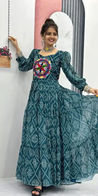 PC N02 Green Color Bandhani Printed Gamathi Mirror Work Gown Casual, Party Wear, Events, Festivals Wear Expected Delivery 4-6 Working Days @1929/- | Gowns, Bollywood Gowns, Creative Gowns, Designer Gowns, Embroidered Gowns, Party Wear Gowns