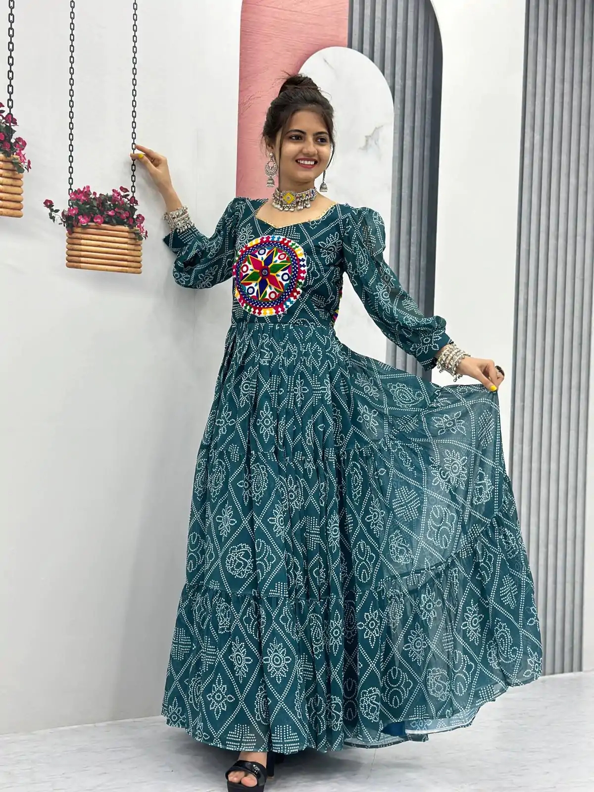 PC N02 Green Color Bandhani Printed Gamathi Mirror Work Gown Casual, Party Wear, Events, Festivals Wear Expected Delivery 4-6 Working Days @1929/- | Gowns, Bollywood Gowns, Creative Gowns, Designer Gowns, Embroidered Gowns, Party Wear Gowns