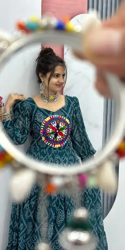 PC N02 Green Color Bandhani Printed Gamathi Mirror Work Gown Casual, Party Wear, Events, Festivals Wear Expected Delivery 4-6 Working Days @1929/- | Gowns, Bollywood Gowns, Creative Gowns, Designer Gowns, Embroidered Gowns, Party Wear Gowns