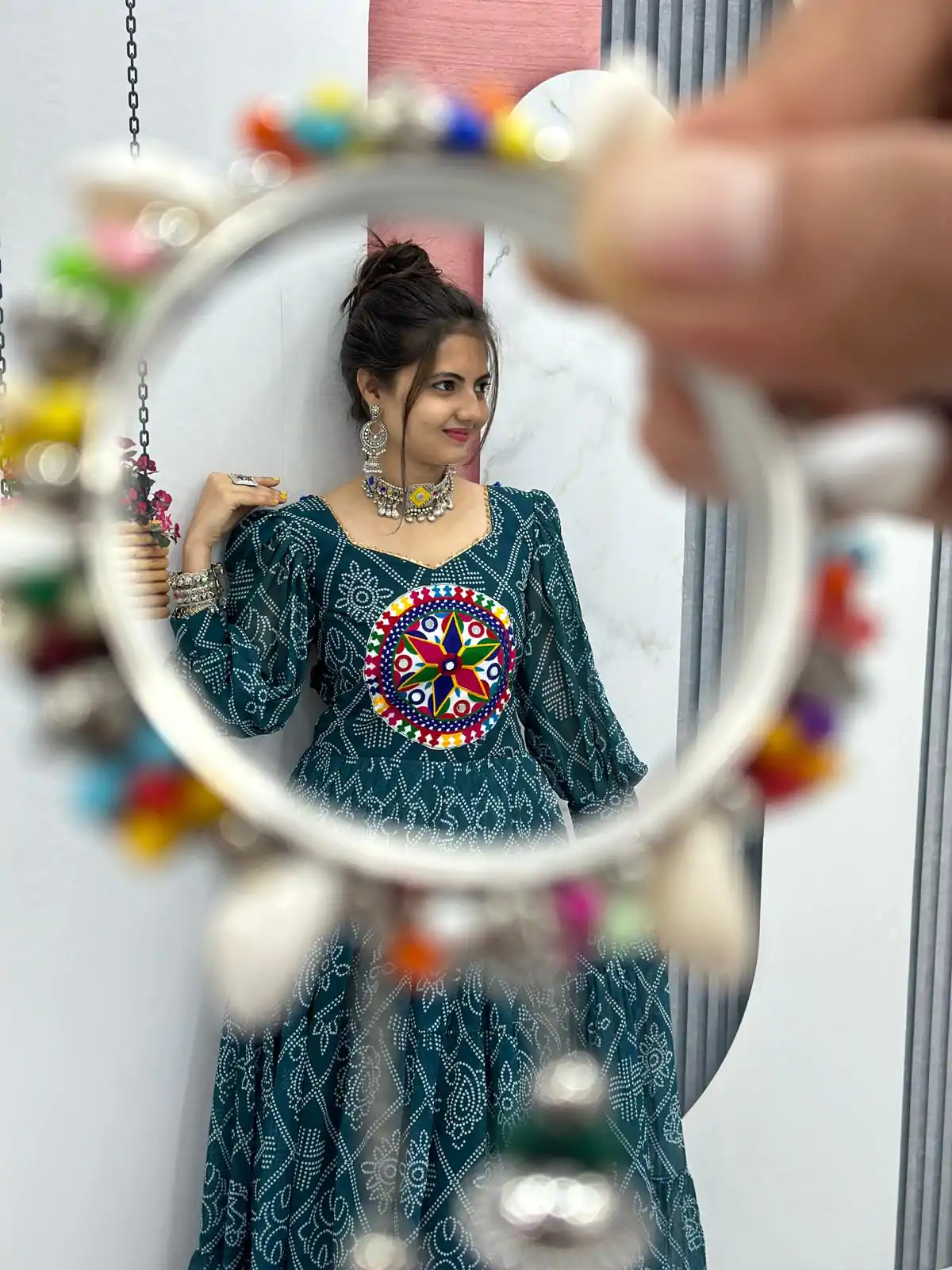 PC N02 Green Color Bandhani Printed Gamathi Mirror Work Gown Casual, Party Wear, Events, Festivals Wear Expected Delivery 4-6 Working Days @1929/- | Gowns, Bollywood Gowns, Creative Gowns, Designer Gowns, Embroidered Gowns, Party Wear Gowns