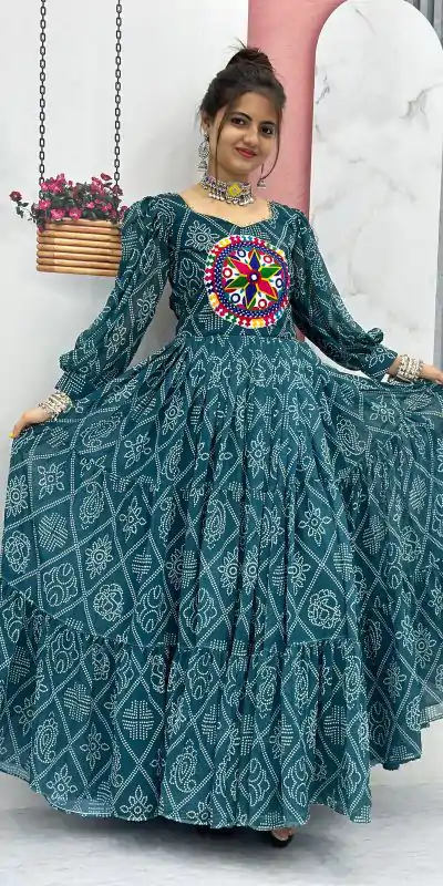 PC N02 Green Color Bandhani Printed Gamathi Mirror Work Gown Casual, Party Wear, Events, Festivals Wear Expected Delivery 4-6 Working Days @1929/- | Gowns, Bollywood Gowns, Creative Gowns, Designer Gowns, Embroidered Gowns, Party Wear Gowns